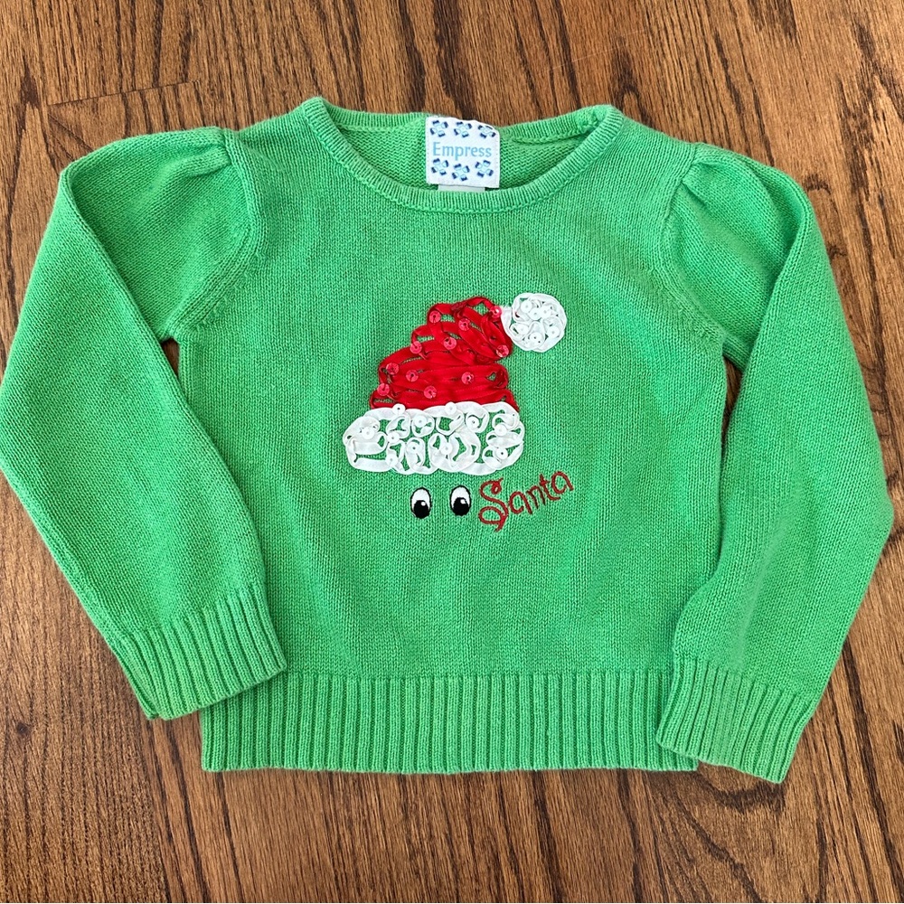 Girls Vintage Christmas Sweater, Sequined Santa Sz 4